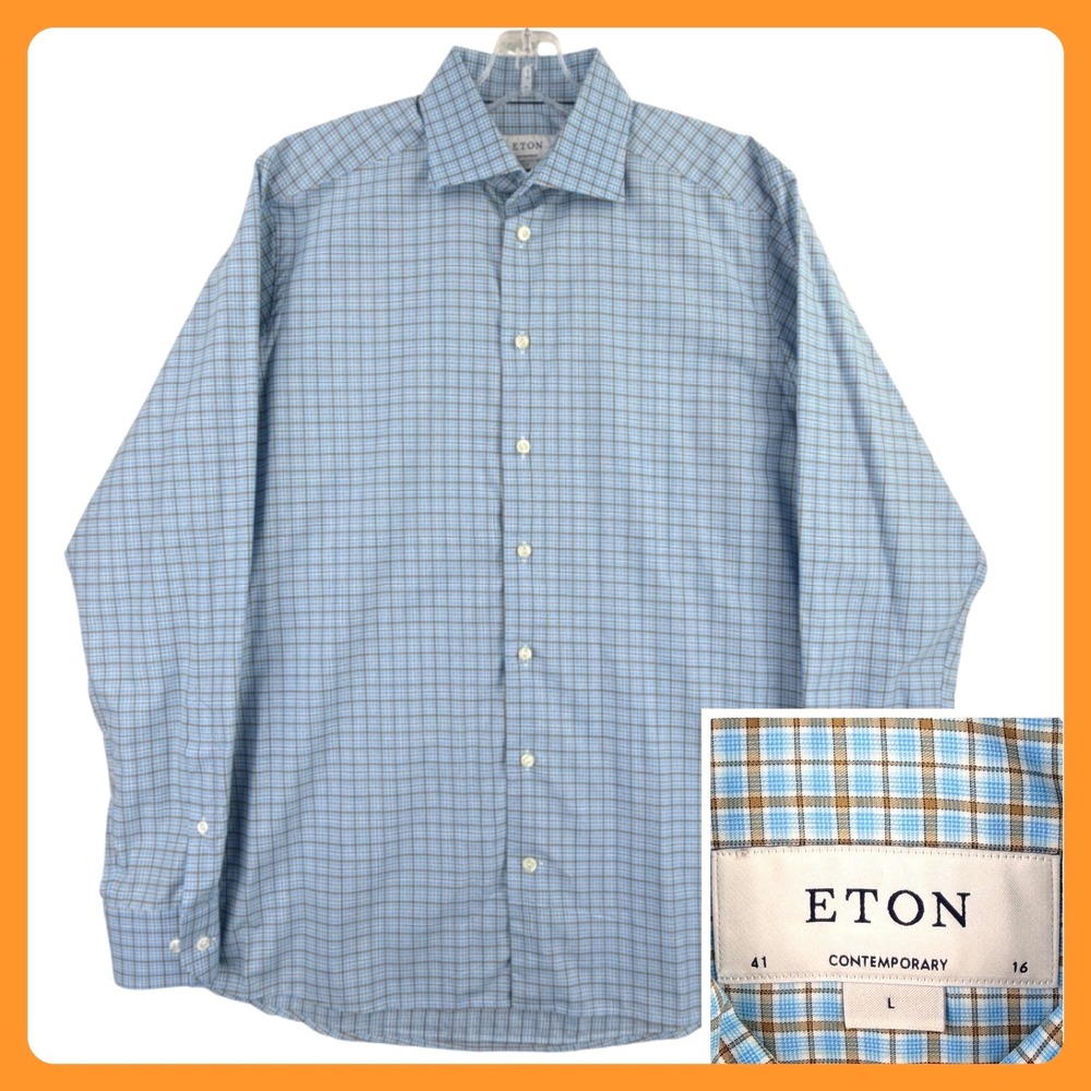 Eton Contemporary Fit Dress Shirt Men Large 16 Blue Plaid Cotton Spread Collar